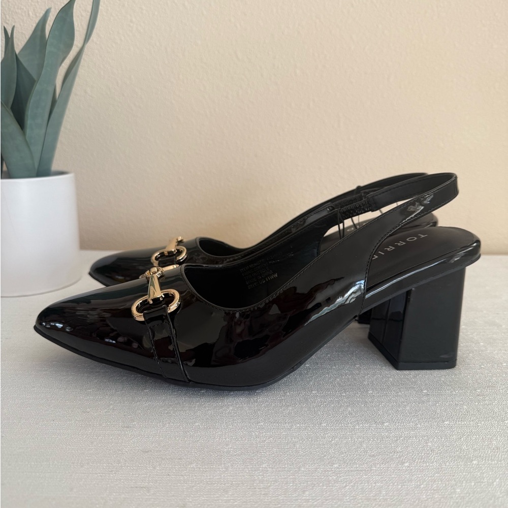 torrid Black Patent Slingback Block Heel Pumps with Gold Buckle
